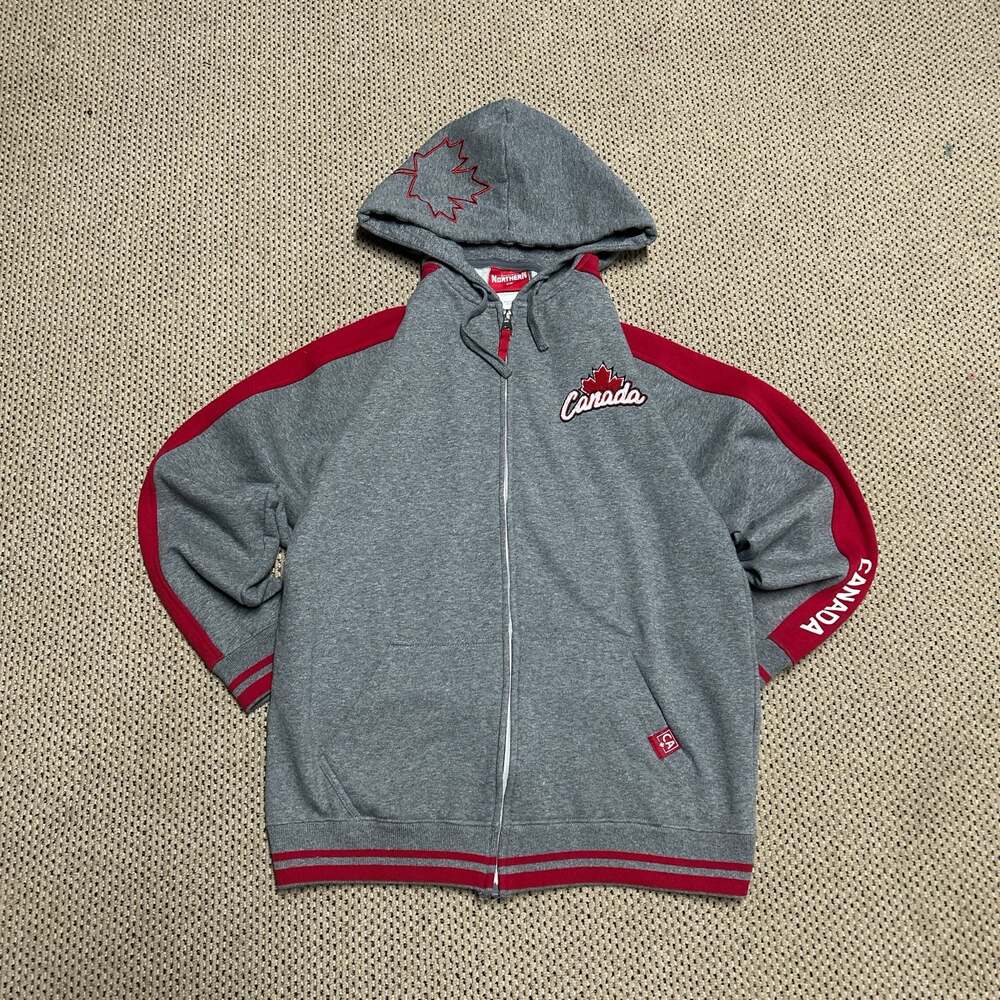 Northern Souvenirs Men's Canada Full-Zip Hoodie Grey with Red Accents